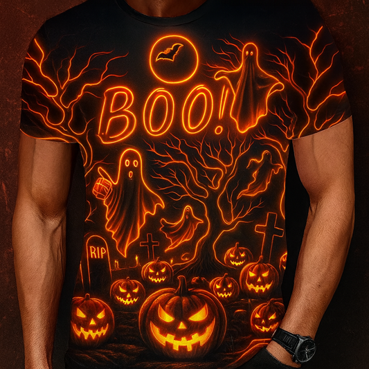 3D Neon Glow Halloween Ghost & Pumpkin T-Shirt – Glow-in-the-Dark Effect