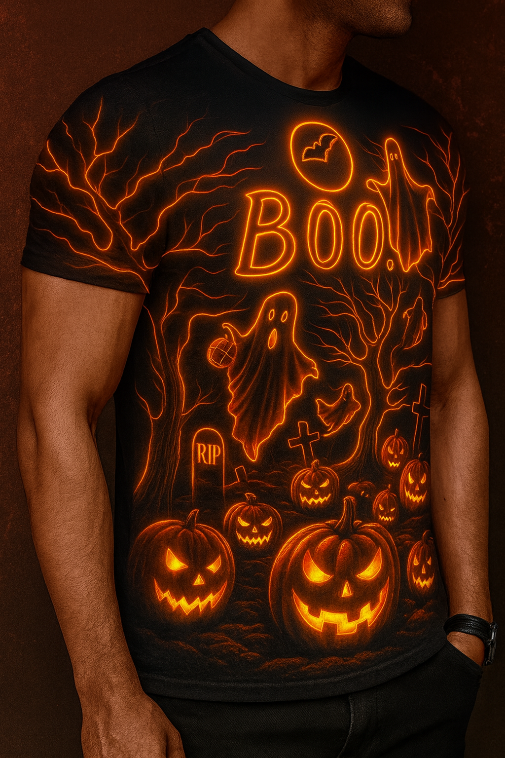 3D Neon Glow Halloween Ghost & Pumpkin T-Shirt – Glow-in-the-Dark Effect